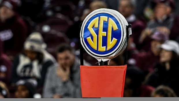 Nov 11, 2023; College Station, Texas, USA; A detailed view of the SEC logo on a chain marker during the game between the Texas A&M Aggies and the Mississippi State Bulldogs at Kyle Field. Mandatory Credit: Maria Lysaker-USA TODAY Sports